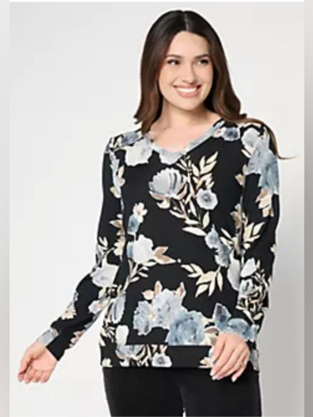 New Black Floral V-Neck Long-Sleeve Jersey Top XL